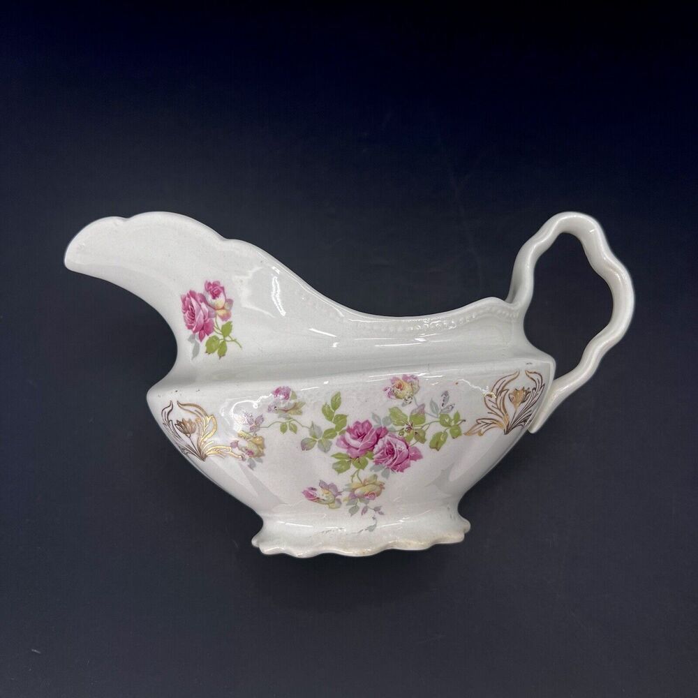 Antique 1900s Homer Laughlin The Angelus Rose Pattern Scalloped Gravy Sauce Boat - Picture 7 of 11
